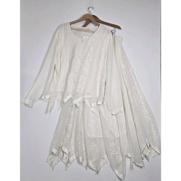 VTG Raiment Fashions NY 2 Pc Maxi Skirt Top Set Sz L White Embroider Fairy Boho - Picture 16 of 16